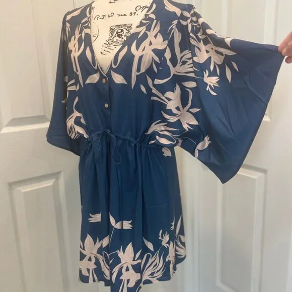 CUPSHE DRESS OVERSIZED SZ M FLARED SLEEVES NAVY BLUE TAN BEACHY CHIC SUMMER - Picture 10 of 16